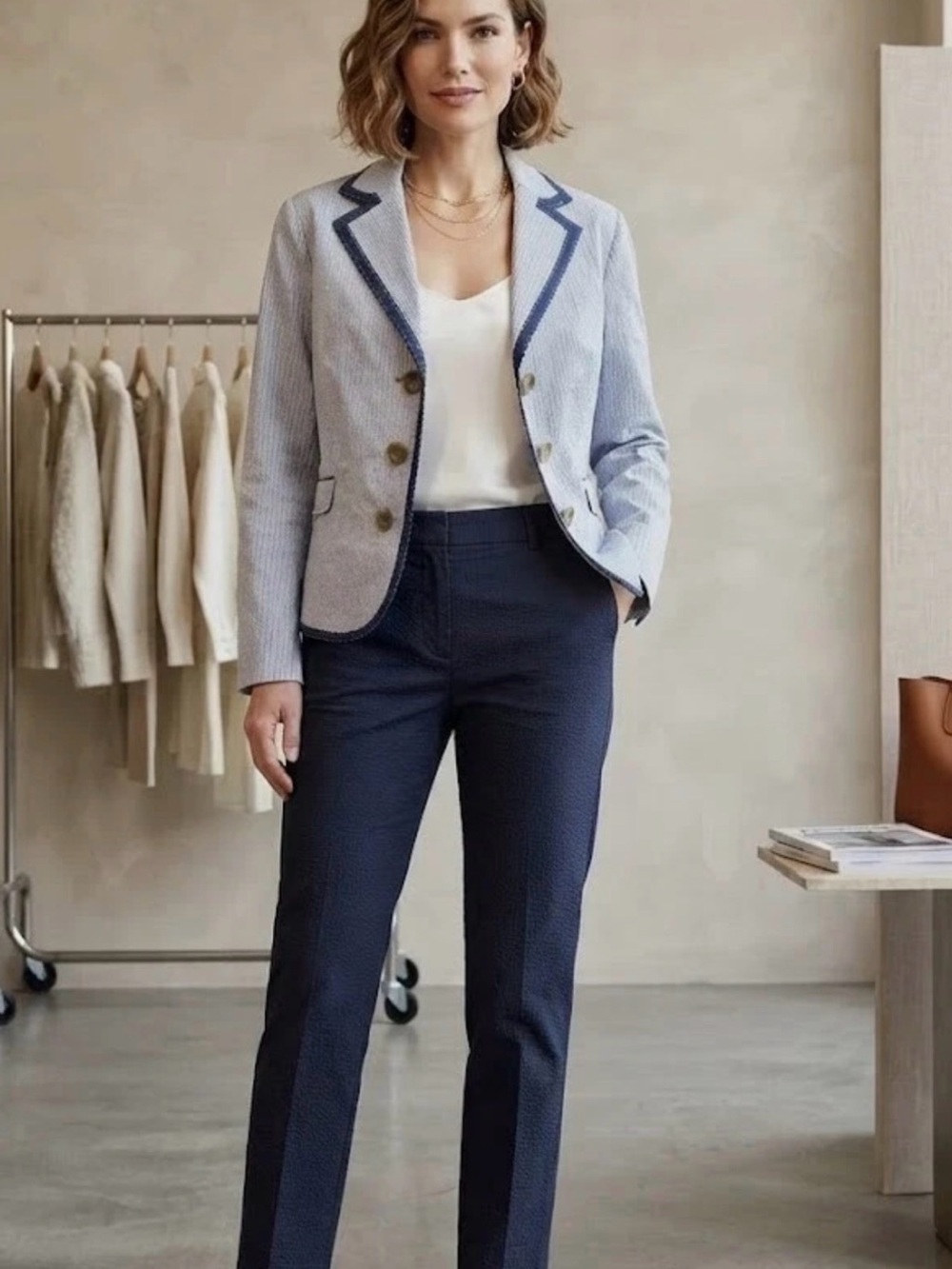 Boden Pinestriped Blue Blazer with Navy Trim, US 8 - Picture 1 of 13